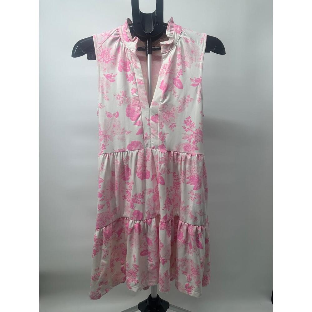 Mahi Gold Pink Floral Pattern Ruffle Neckline Tiered Athletic Dress Size XS